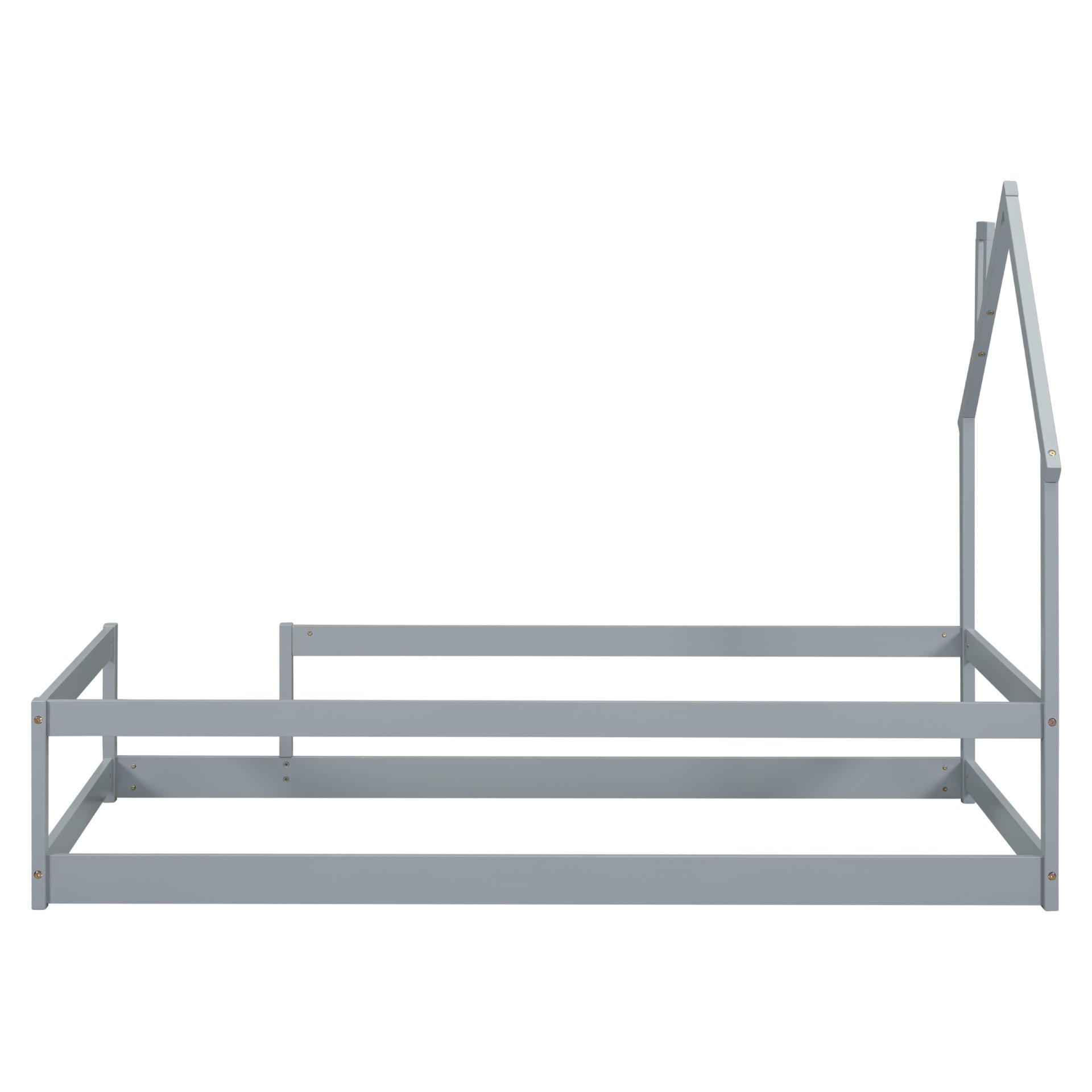 Twin Size Wood Bed With House-Shaped Headboard Floor Bed With Fences - Gray - Image 10