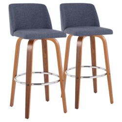 Toriano - Mid-Century Modern Fixed Height Barstool With Swivel And Round Footrest (Set of 2) - Walnut / Blue