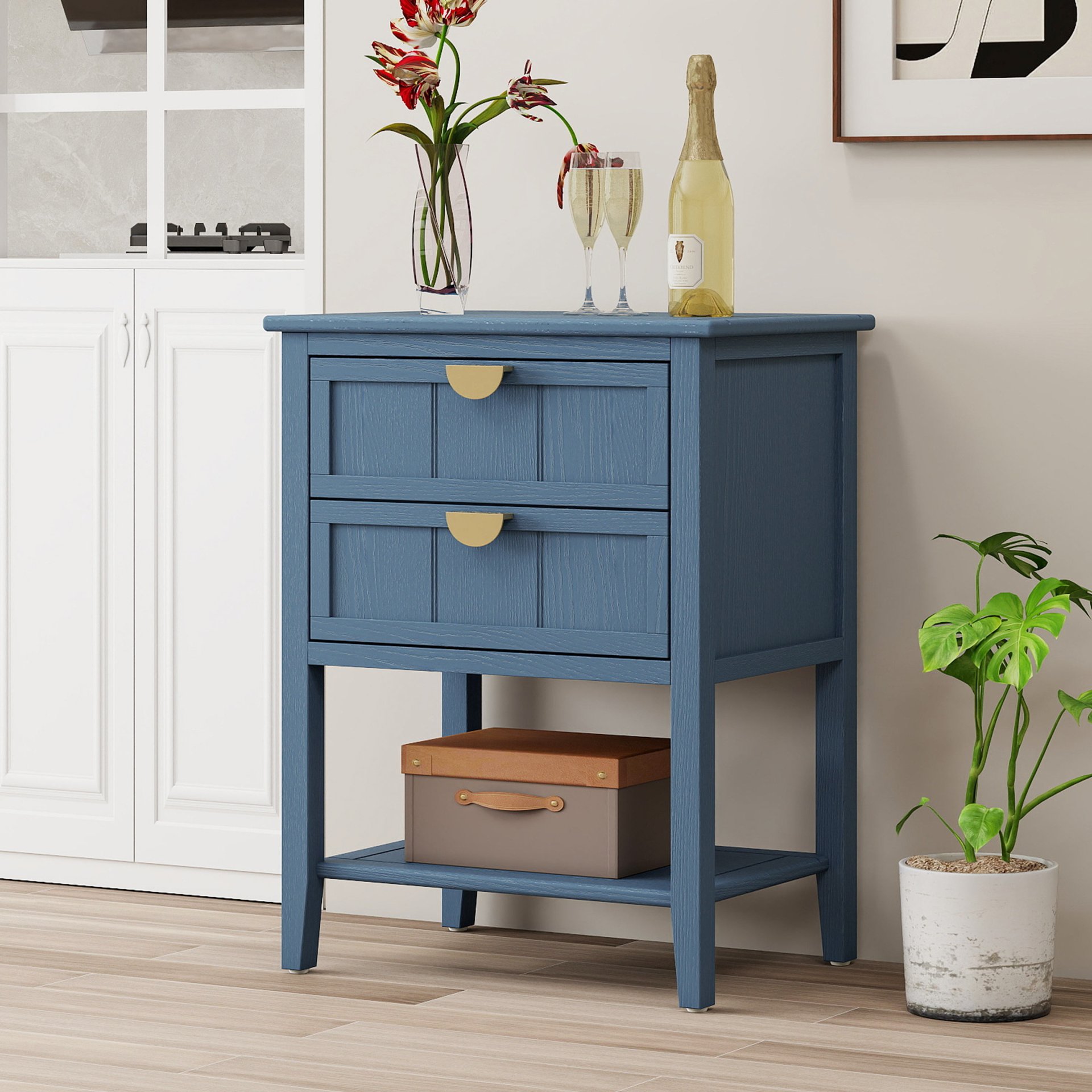 2 Drawer Side Table, American Style, End Table, Suitable For Bedroom - Blue - Image 4