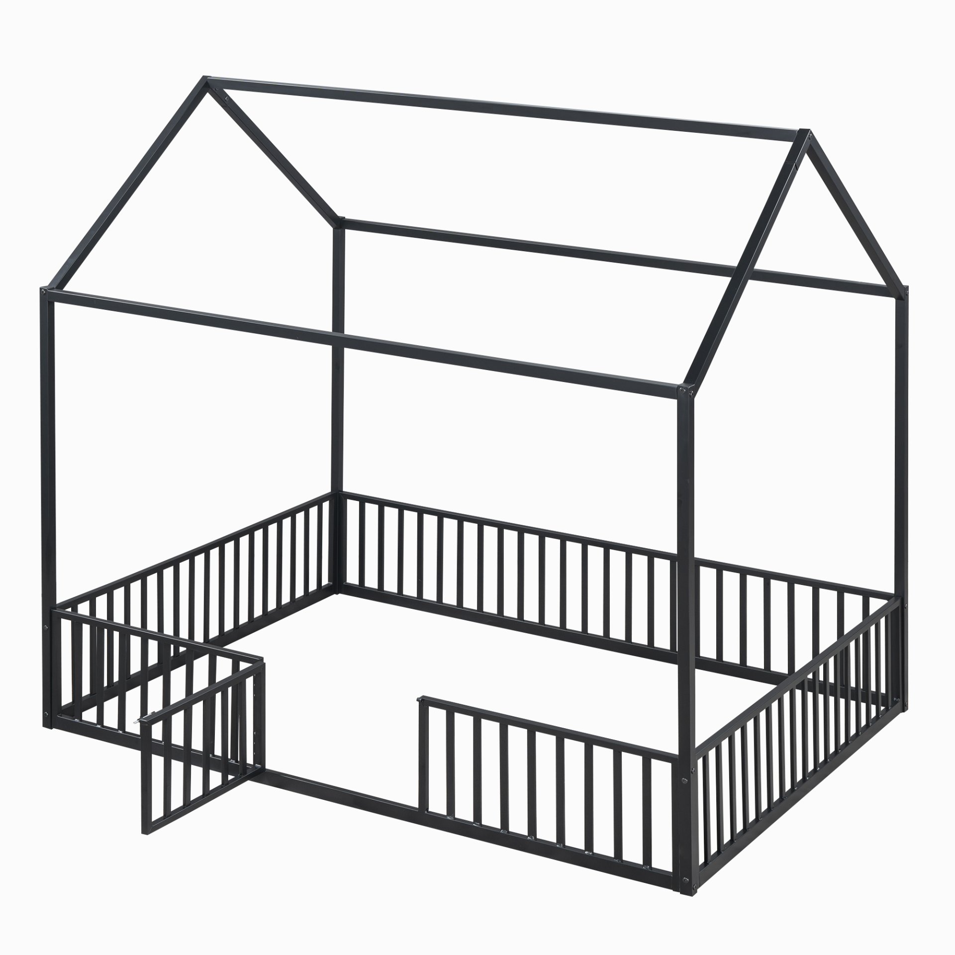 Full Size Metal House Bed With Fence And Door - Black - Image 10