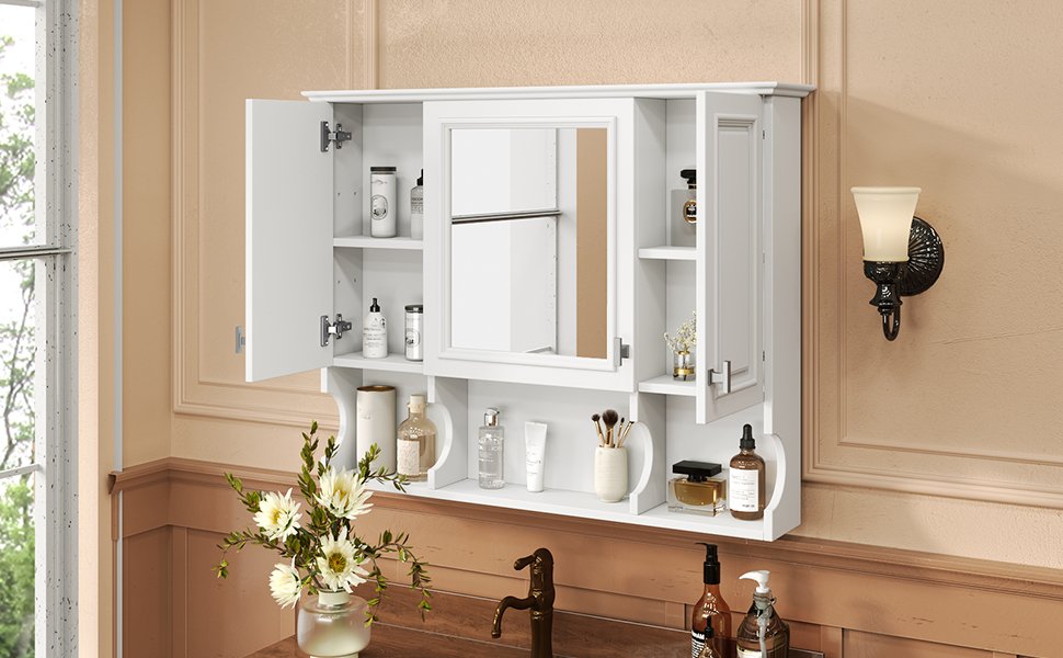 Wall Mounted Bathroom Medicine Cabinet, Modern Bathroom Wall Cabinet With Mirror, Mirror Cabinet With Open Shelves - White - Image 20
