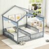 Double Twin House-Style Floor Bed With Fence, Guardrails, Without Door - Gray - Image 7