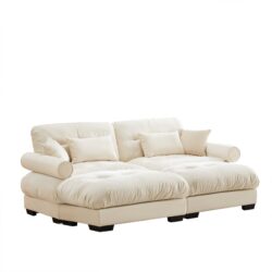 Over Size Modern Velvet 2 Seater Sofa With Ottoman And Round Bolster Armrests - Cream