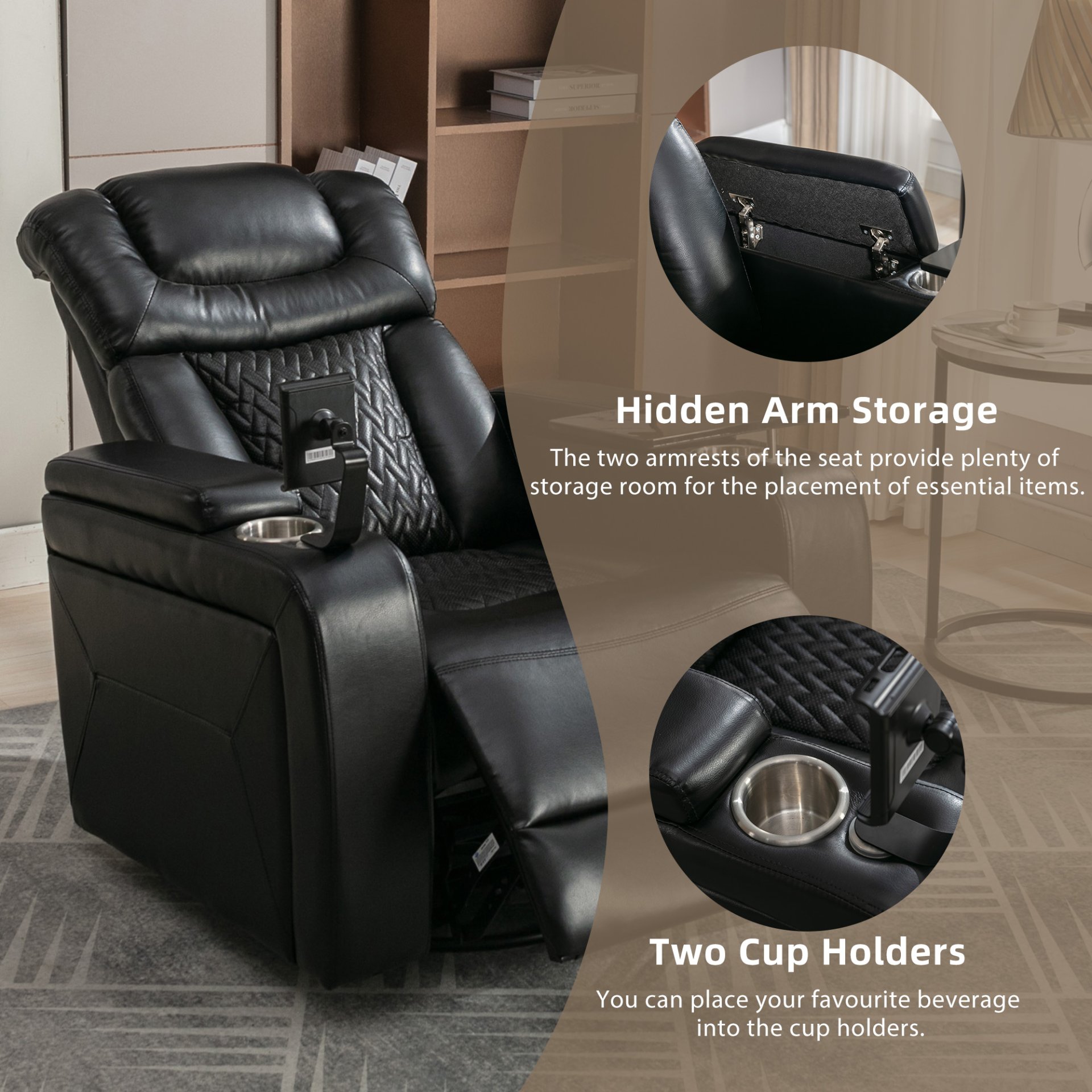 Home Theater Recliner With 270 Degree Swivel, Tray Table, Phone Holder, Cup Holder & USB Port - Black - Image 7