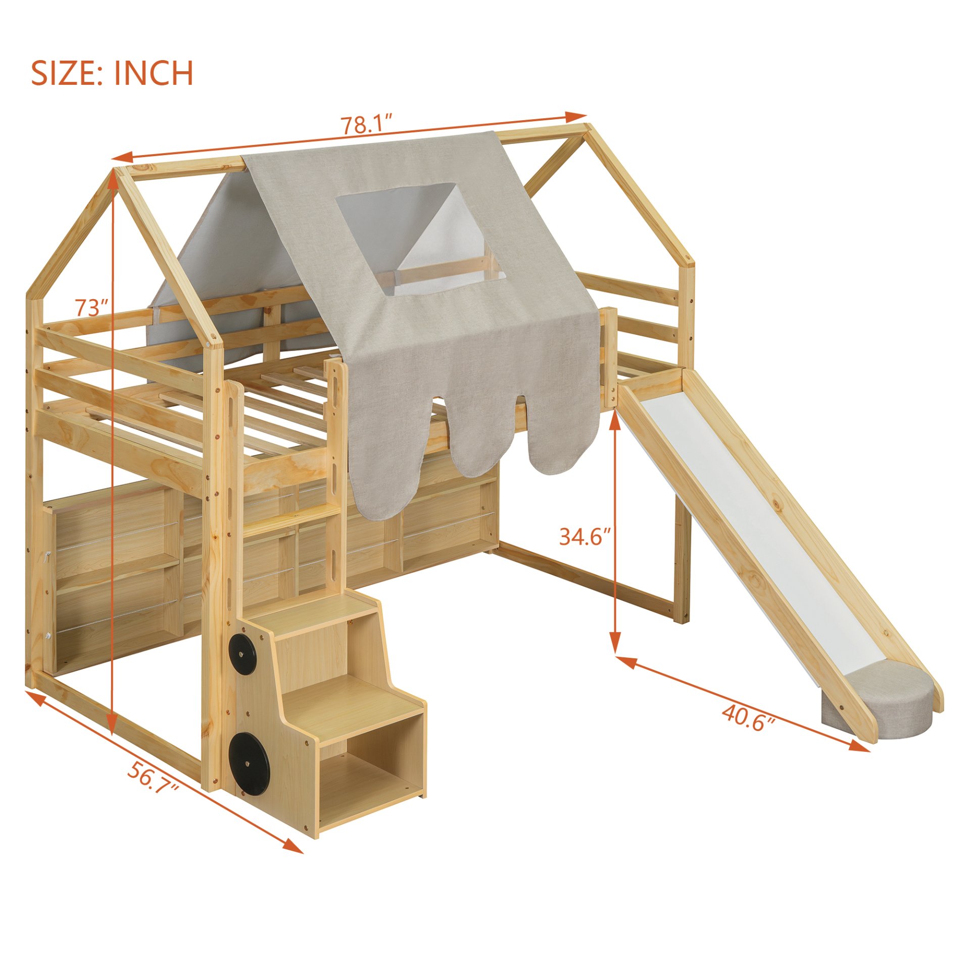 Twin Size Loft Bed With House Shaped Frame And Tent - Natural / Beige - Image 3