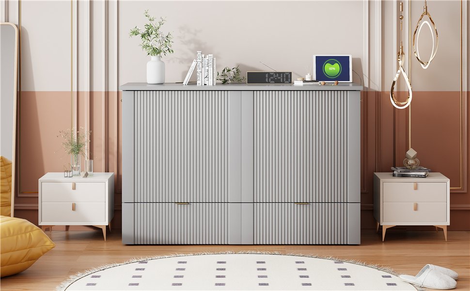 Full Size Murphy Bed With Drawer And A Set Of Sockets & USB Ports, Pulley Structure Design - Gray - Image 19