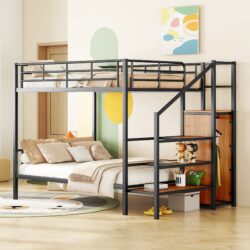 Full Over Full Bunk Bed With Lateral Storage Ladder And Wardrobe - Black