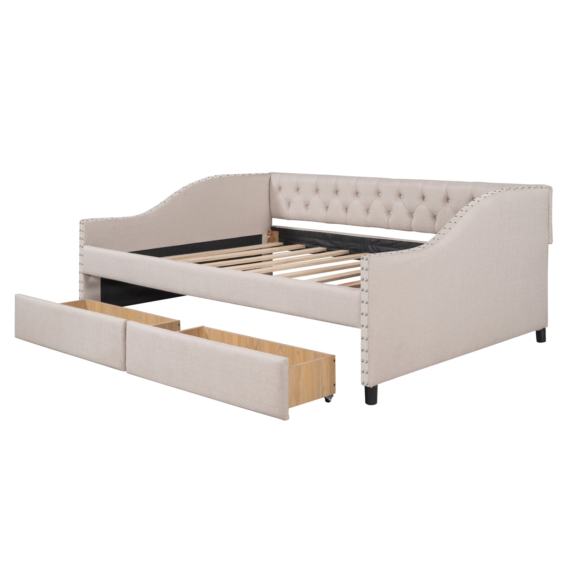 Full Size Upholstered Daybed With Two Drawers, Slat Support - Beige - Image 20