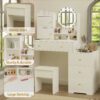 Fashion Vanity Desk With Mirror And Lights For Makeup And Cushioned Chair, Adjustable 3 Color Lighting - White - Image 7