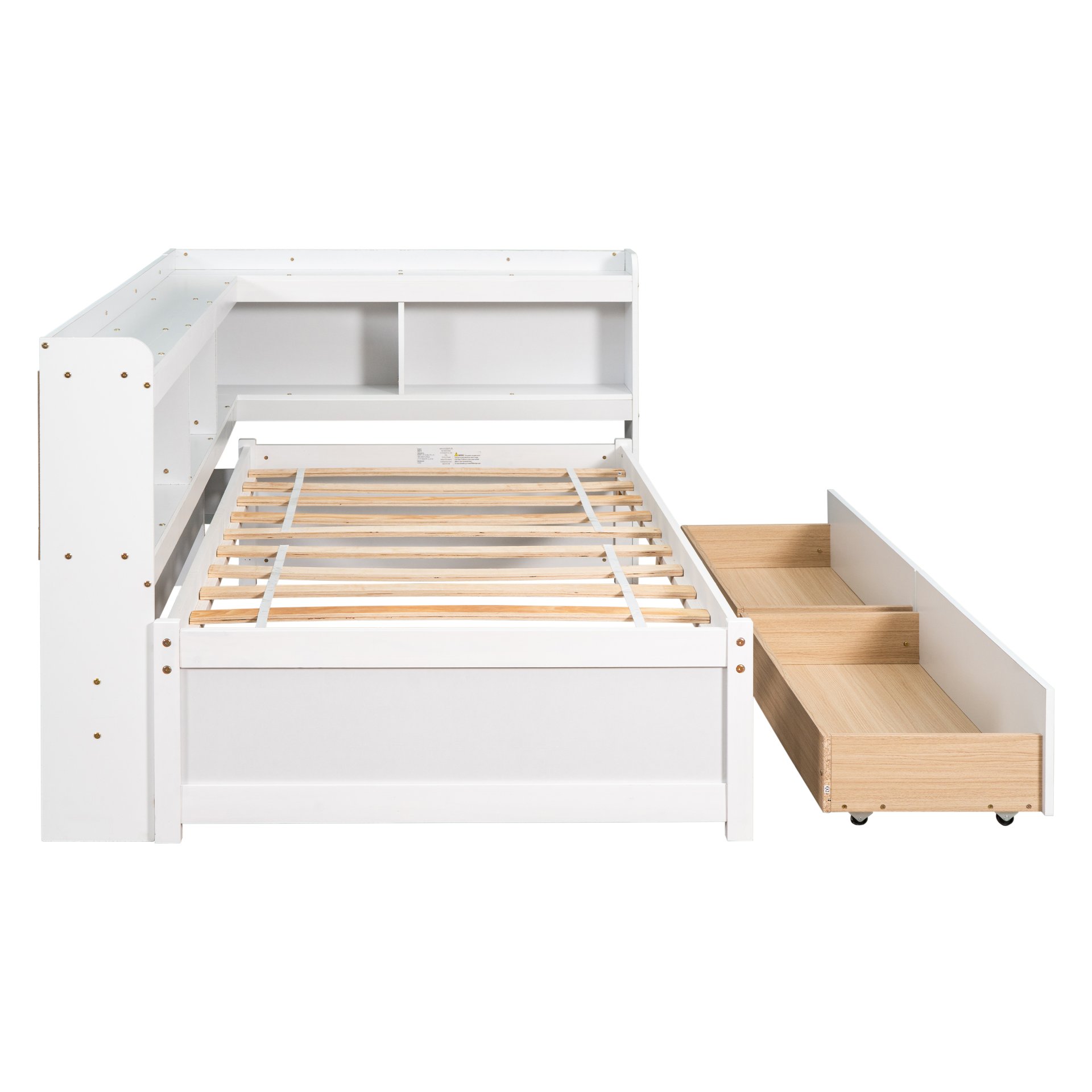 Twin Bed With L-Shaped Bookcases, Drawers - White - Image 9