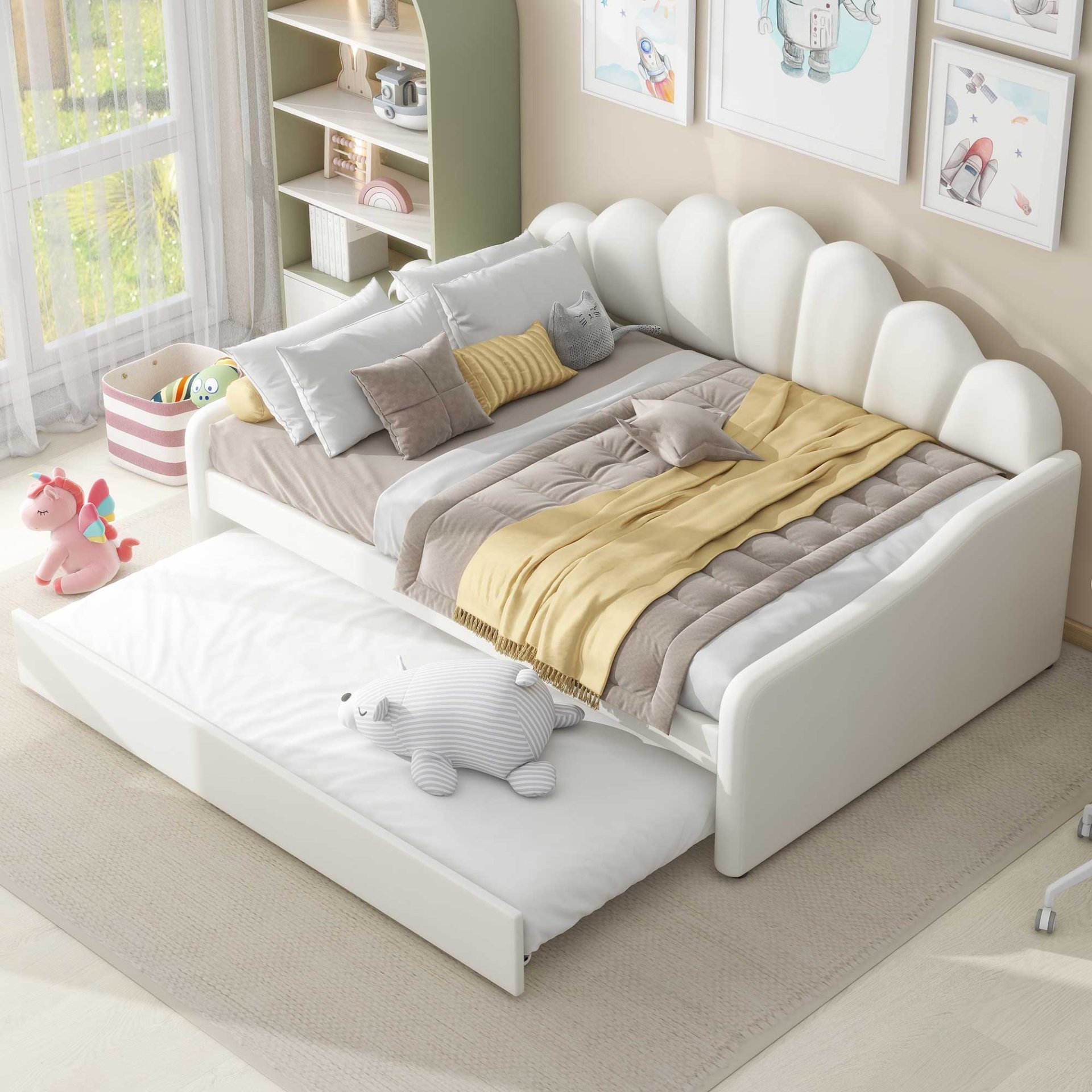 Full Size Upholstery Daybed Frame With Shell Shaped Backrest And Trundle - White - Image 2