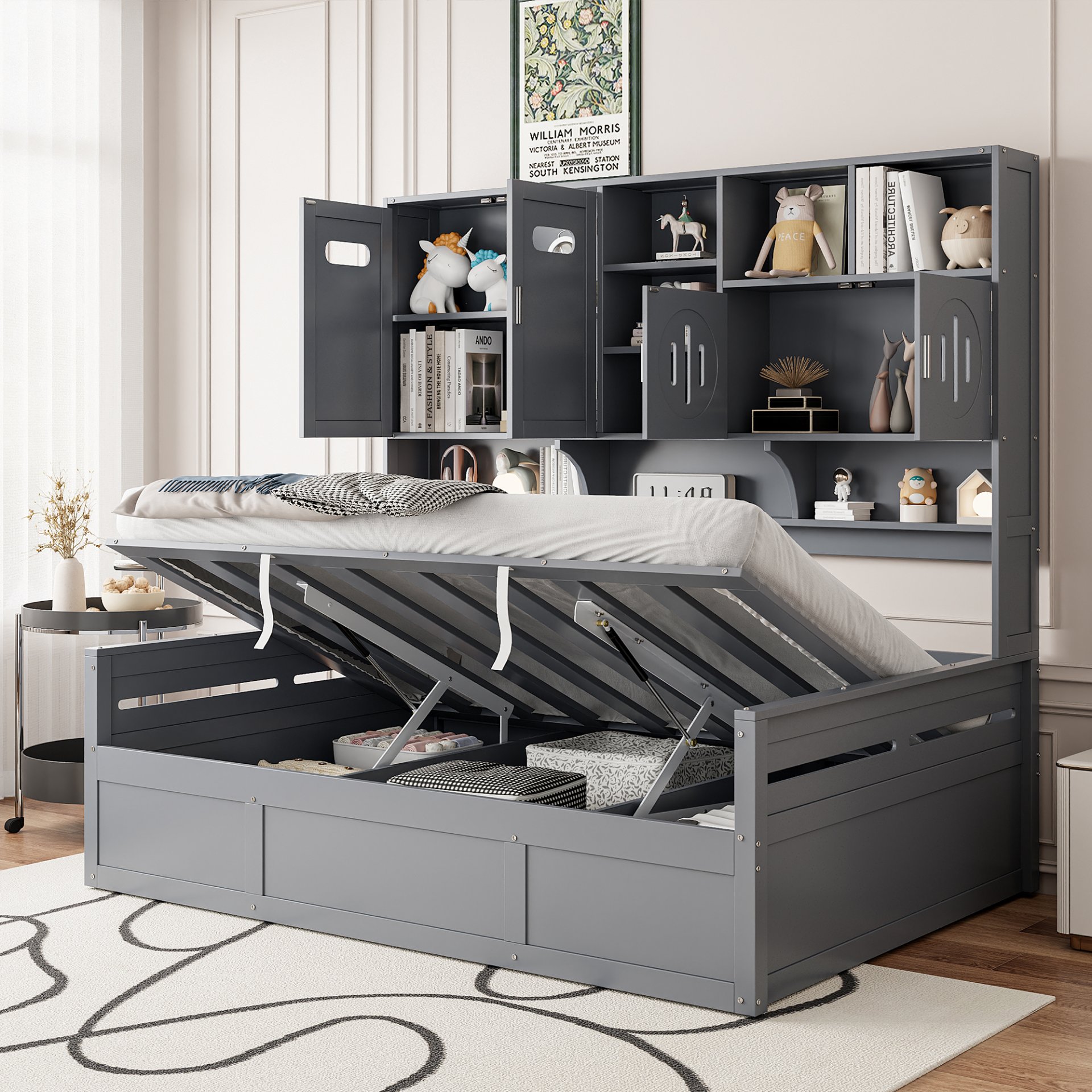 Full Size Wooden Daybed With Hydraulic Bed And All In One Cabinet And Shelf - Gray - Image 2