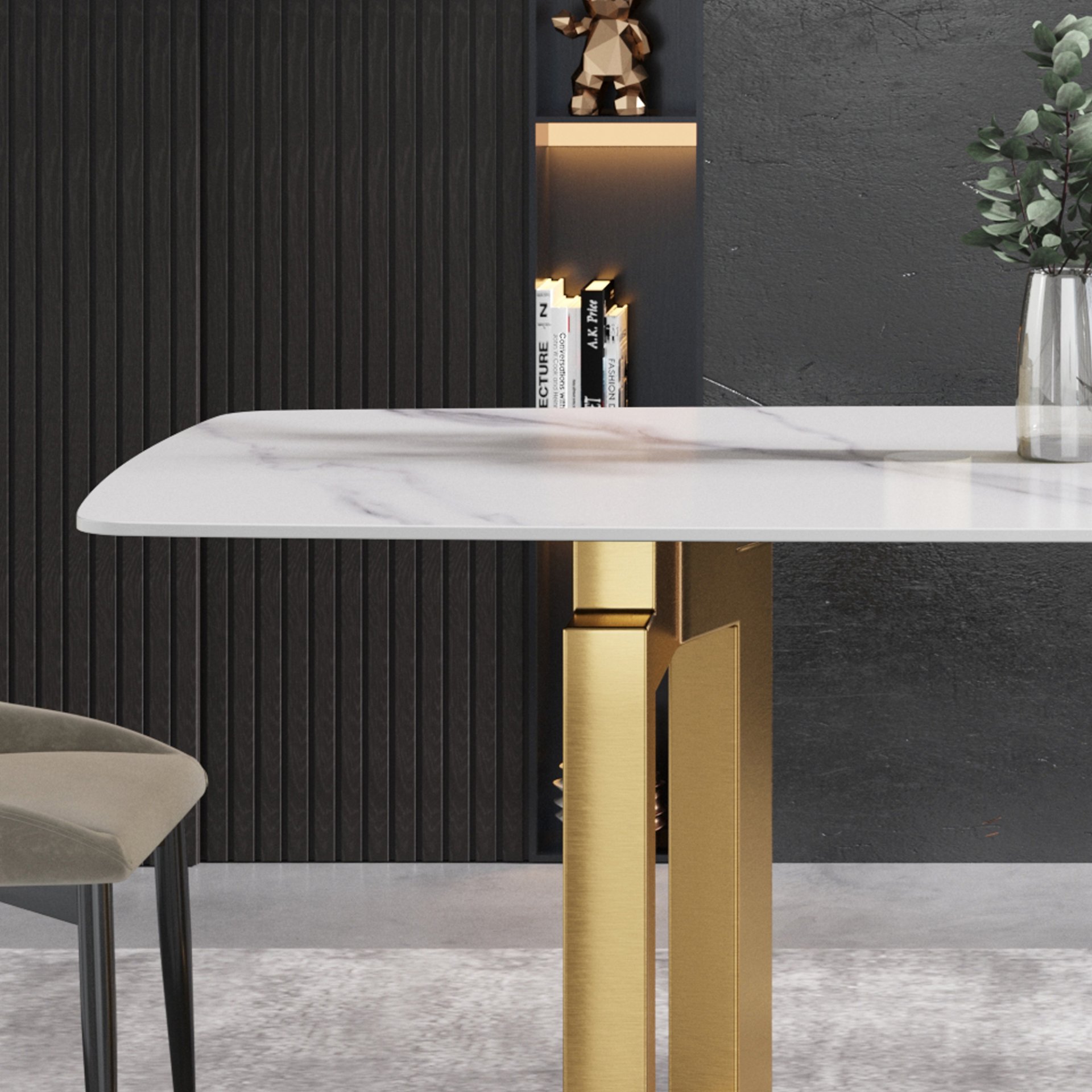 70.87" Modern Artificial Stone White Curved Metal Leg Dining Table - White / Gold - Image 12