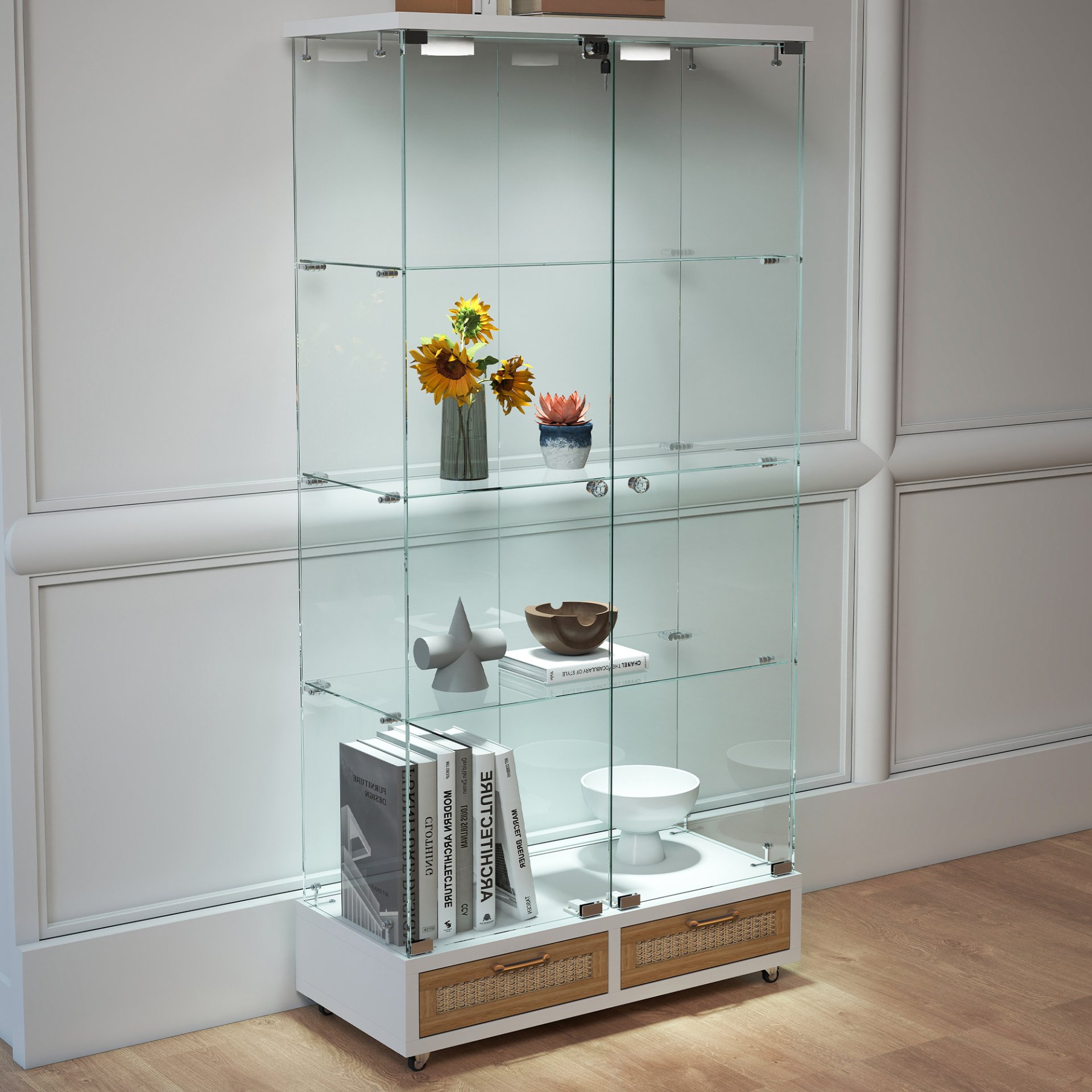 Glass Display Cabinet With LED Lights, Tempered Glass Doors, Large Drawers, 2 Door Storage Case With 4 Shelves - Natural / White - Image 10