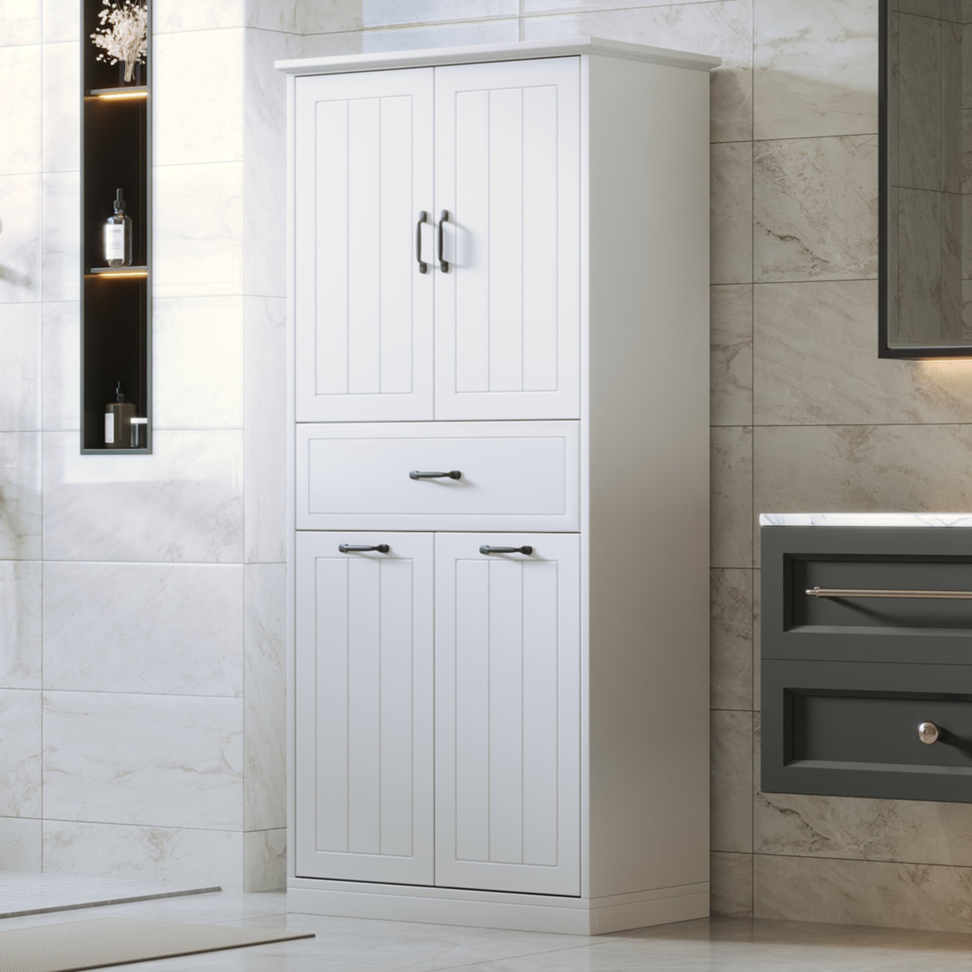 Modern Bathroom Storage Cabinet With 2 Laundry Baskets, 1 Drawer, Adjustable Shelf - White - Image 6
