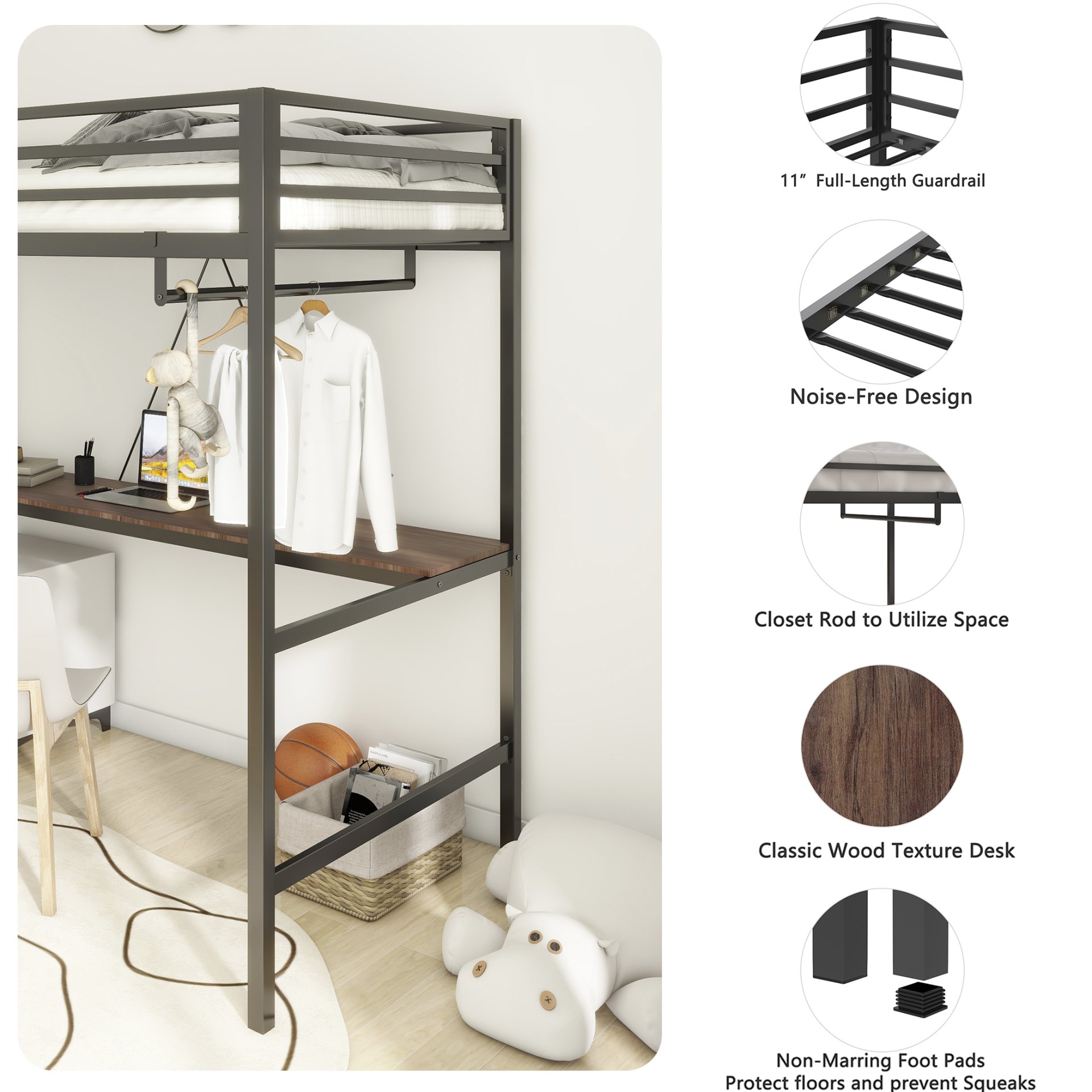 Adam - Twin Loft Bunk Bed With Cinnamon Wood Desk And Closet Rod - Black - Image 5