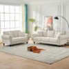3 And 2 Seater Sofa With Rolled Arms And Nailhead Trim Upholstered Couch With Legs - Beige - Image 2