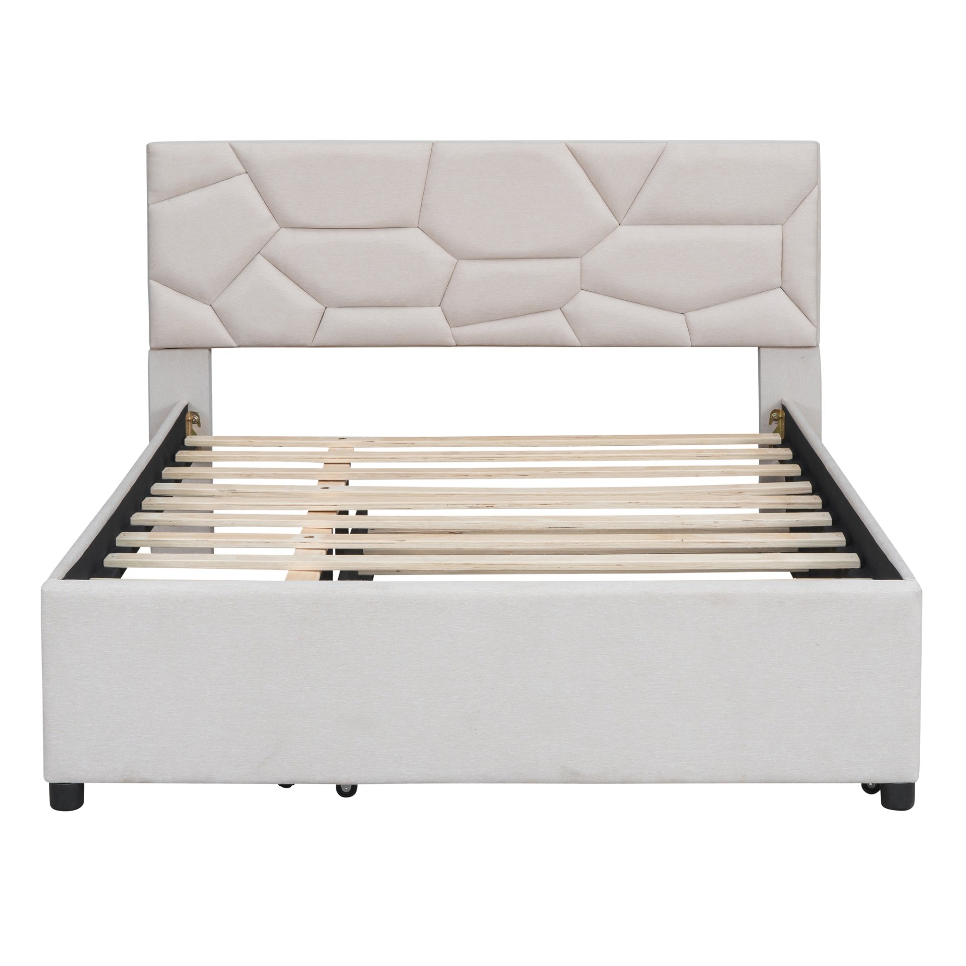 Full Size Upholstered Platform Bed With Brick Pattern Headboard And Twin Size Trundle - Beige - Image 8