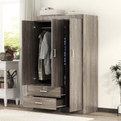3 Door Wardrobe With 2 Drawers, Grain Effect - Gray
