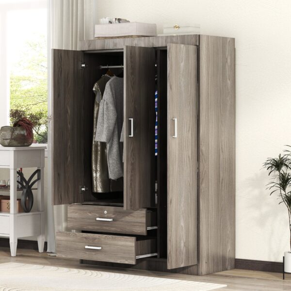 3 Door Wardrobe With 2 Drawers, Grain Effect - Gray