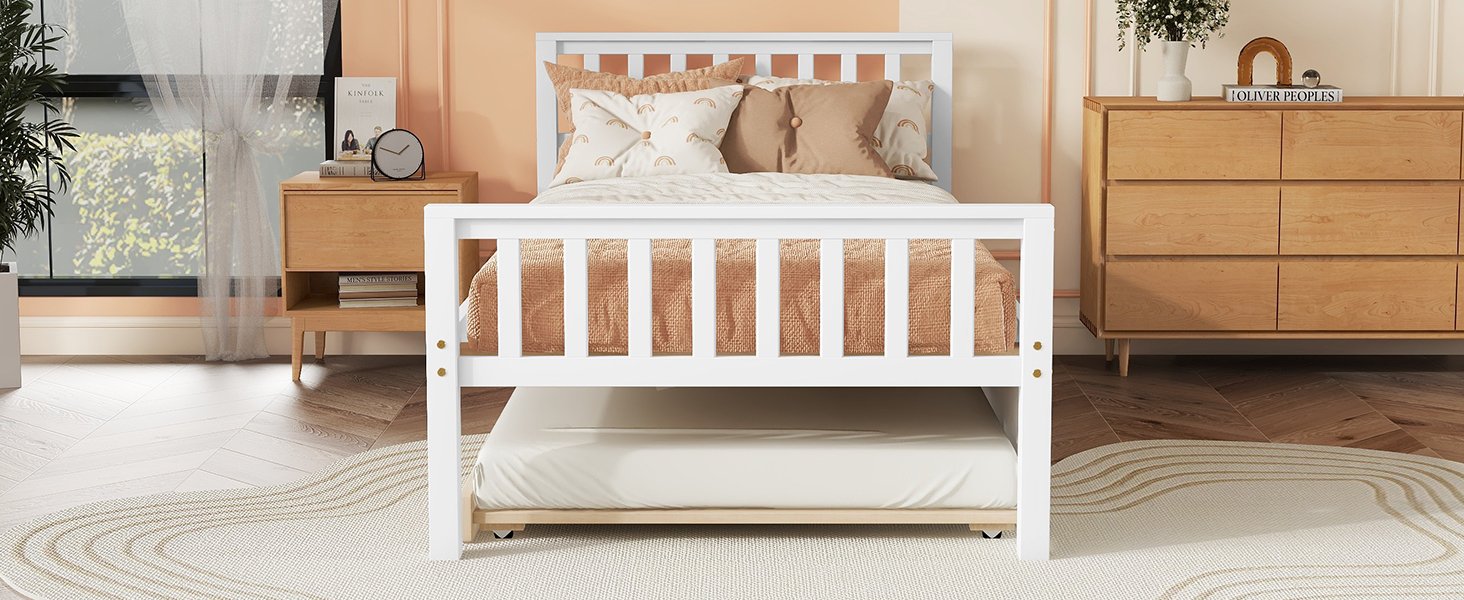 Twin Bed With Trundle, Platform Bed Frame With Headboard And Footboard, For Bedroom Small Living Space, No Box Spring Needed - White - Image 9
