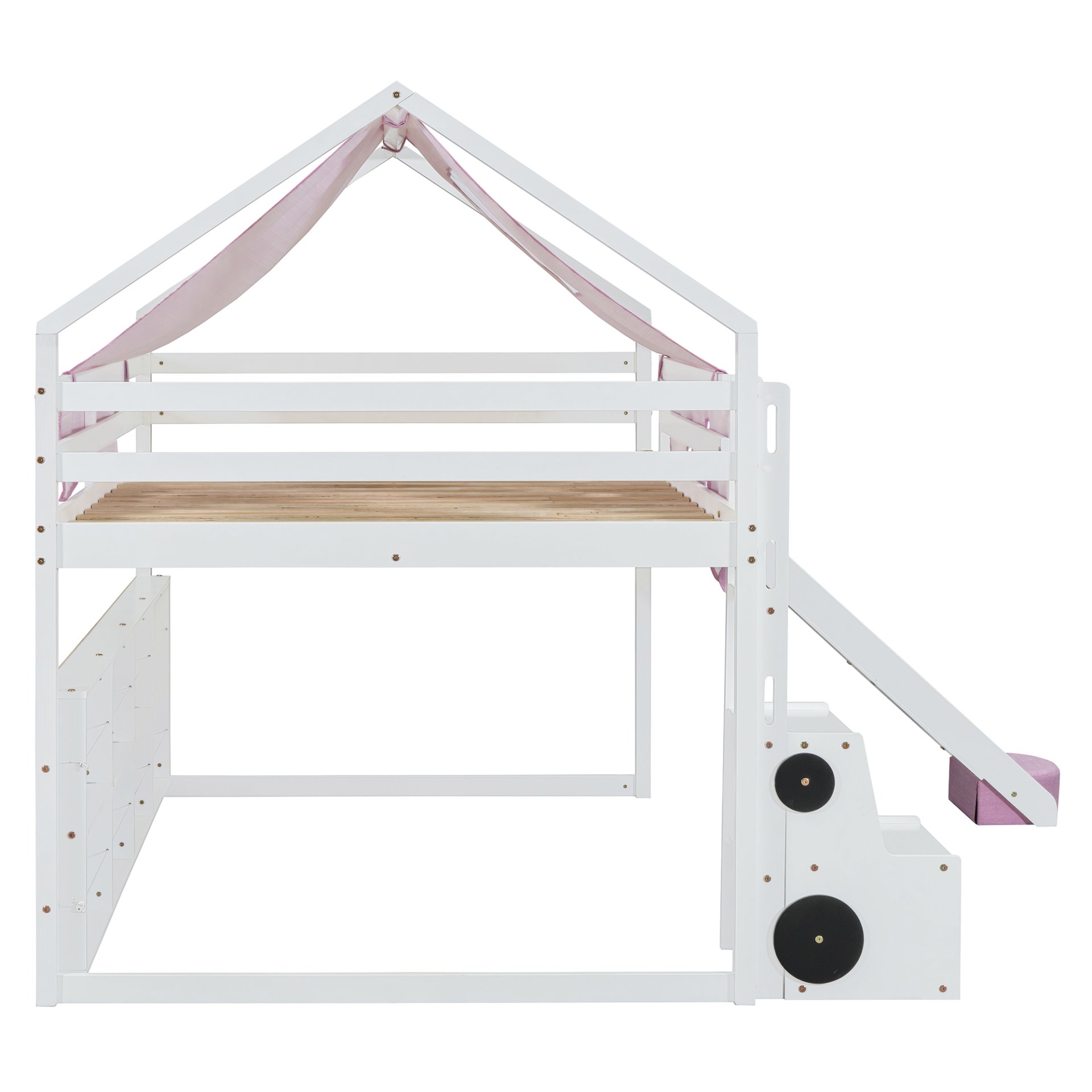 Full Size Loft Bed With House Shaped Frame And Tent - White / Pink - Image 16