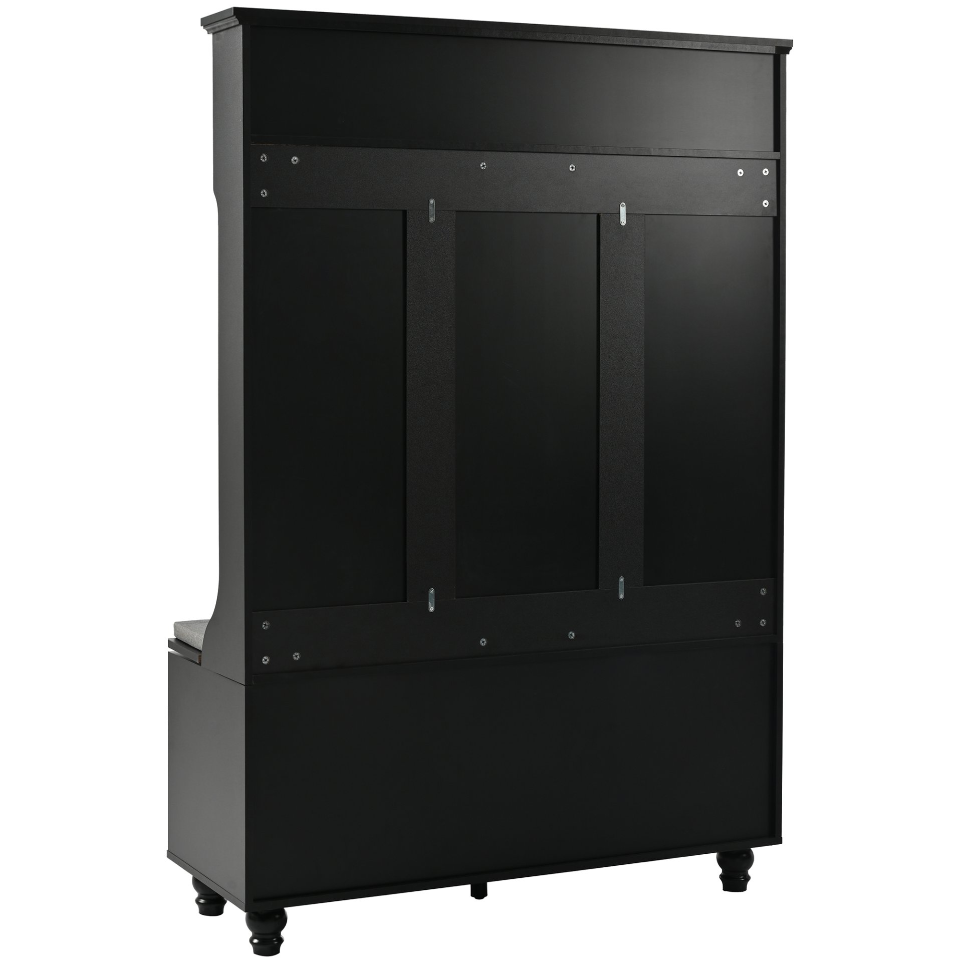 5 In 1 Entryway Bench With Shutter - Shaped Doors, Coat Rack, Cushion And 4 Sturdy Hooks, Wide Hall Tree With Storage Bench For Hallway, Entryway, Living Room - Black - Image 14