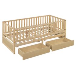 Twin Size Daybed With Fence Guardrails And 2 Drawers, Versatile Split Floor Bed & Daybed - Natural