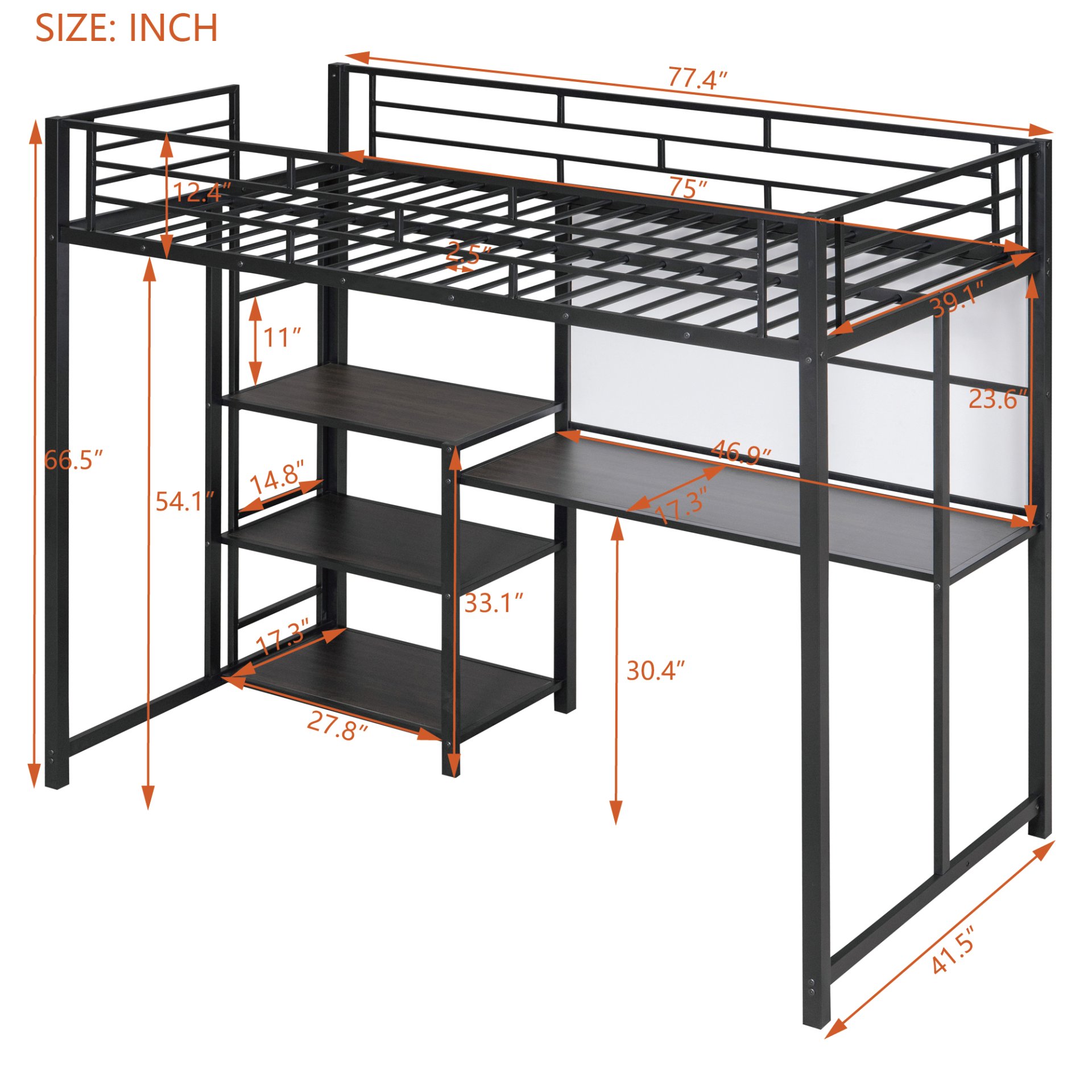 Twin Size Loft Bed With Desk And Whiteboard With 3 Shelves And Ladder - Black - Image 7