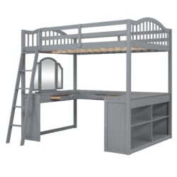 Full Loft Bed With U Shaped Desk, Storage Compartments And Tri Fold Mirror - Gray