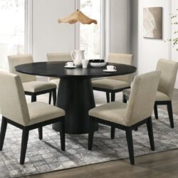 Jasper - 7 Piece Round Dining Table Set With Beige Fabric Chairs - Ebony Black