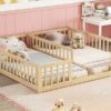 Double Twin Floor Bed With Fence, Guardrails, Without Door - Natural - Image 10