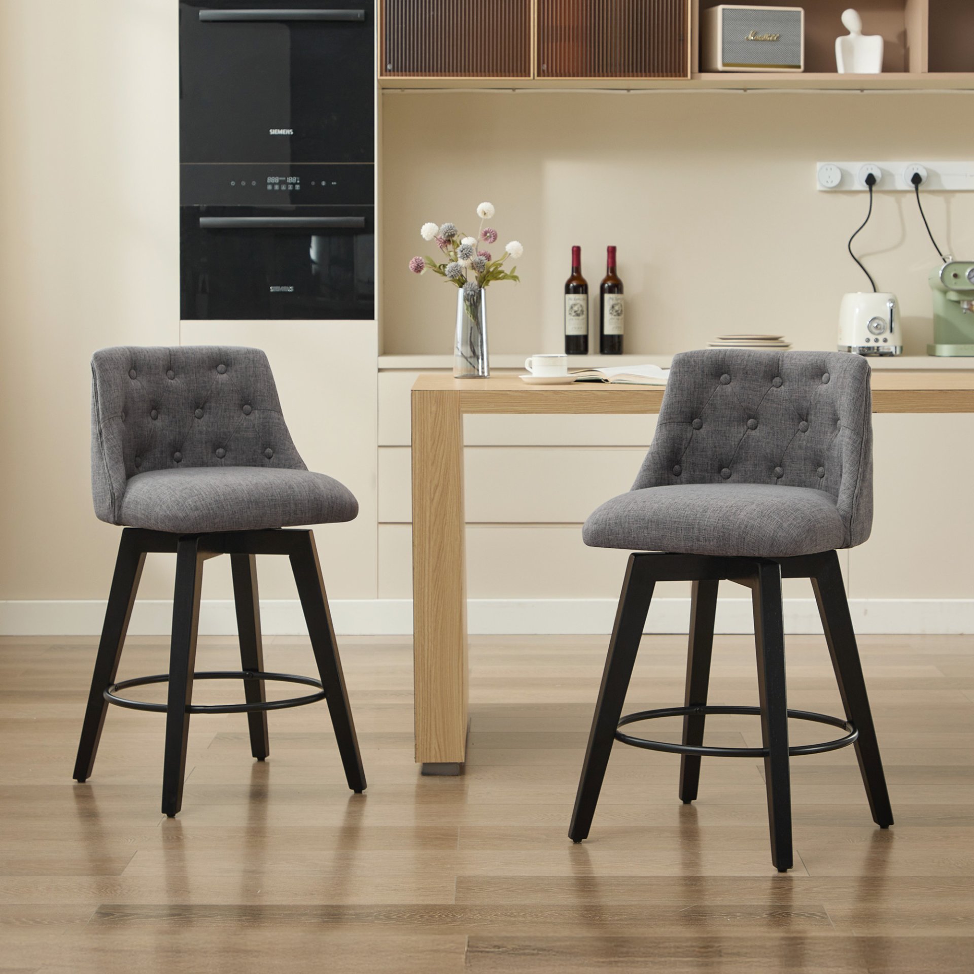 Swivel Bar Stools (Set of 2) Modern Counter Height Stools With Linen Upholstery & Button Tufted Back For Kitchen Island, Breakfast Bar Or Home Pub - Dark Gray - Image 7