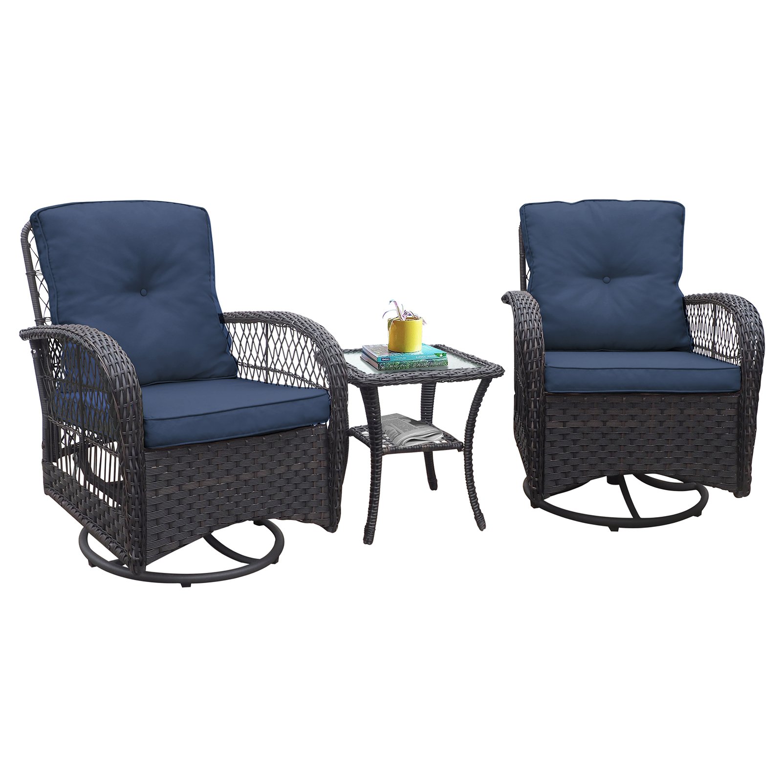 3 Pieces Conversation Set, Outdoor Wicker Rocker Swivel Patio Bistro Set, Rocking Chair With Glass Top Side Table - Navy Blue - Image 5