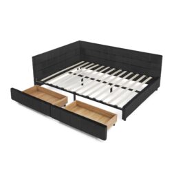 Mid Century Queen Size Storage Upholstered Tufted Bed Frame With Backrest And Armrests Velvet - Black