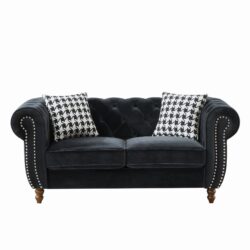 Mid Century Modern Chesterfield Velvet Sofa With Roll Armrest & Nailhead - Black