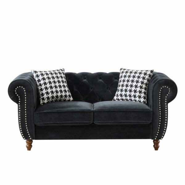 Mid Century Modern Chesterfield Velvet Sofa With Roll Armrest & Nailhead - Black