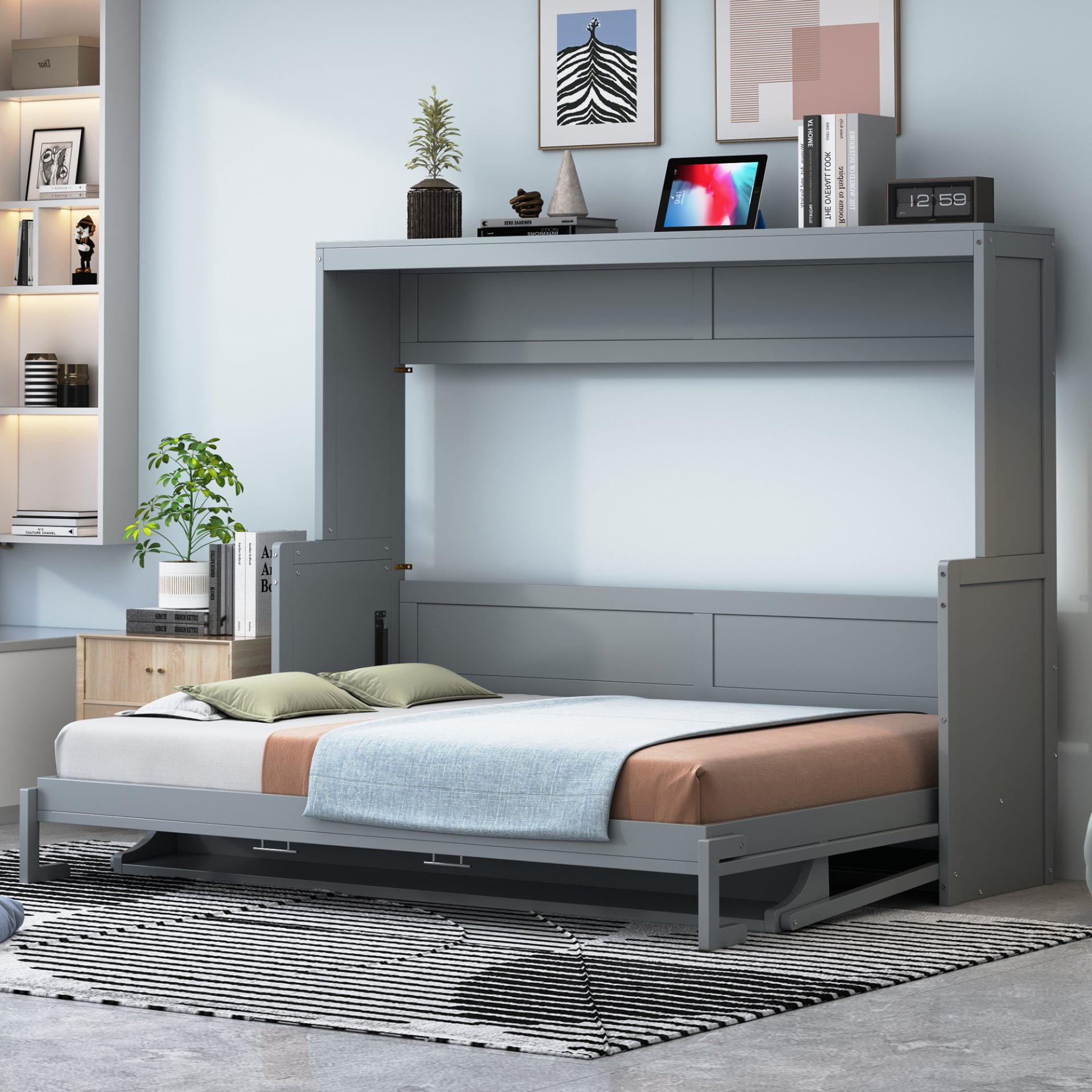 Full Size Murphy Bed With Hydraulic Lift & Desk Design - Gray - Image 2