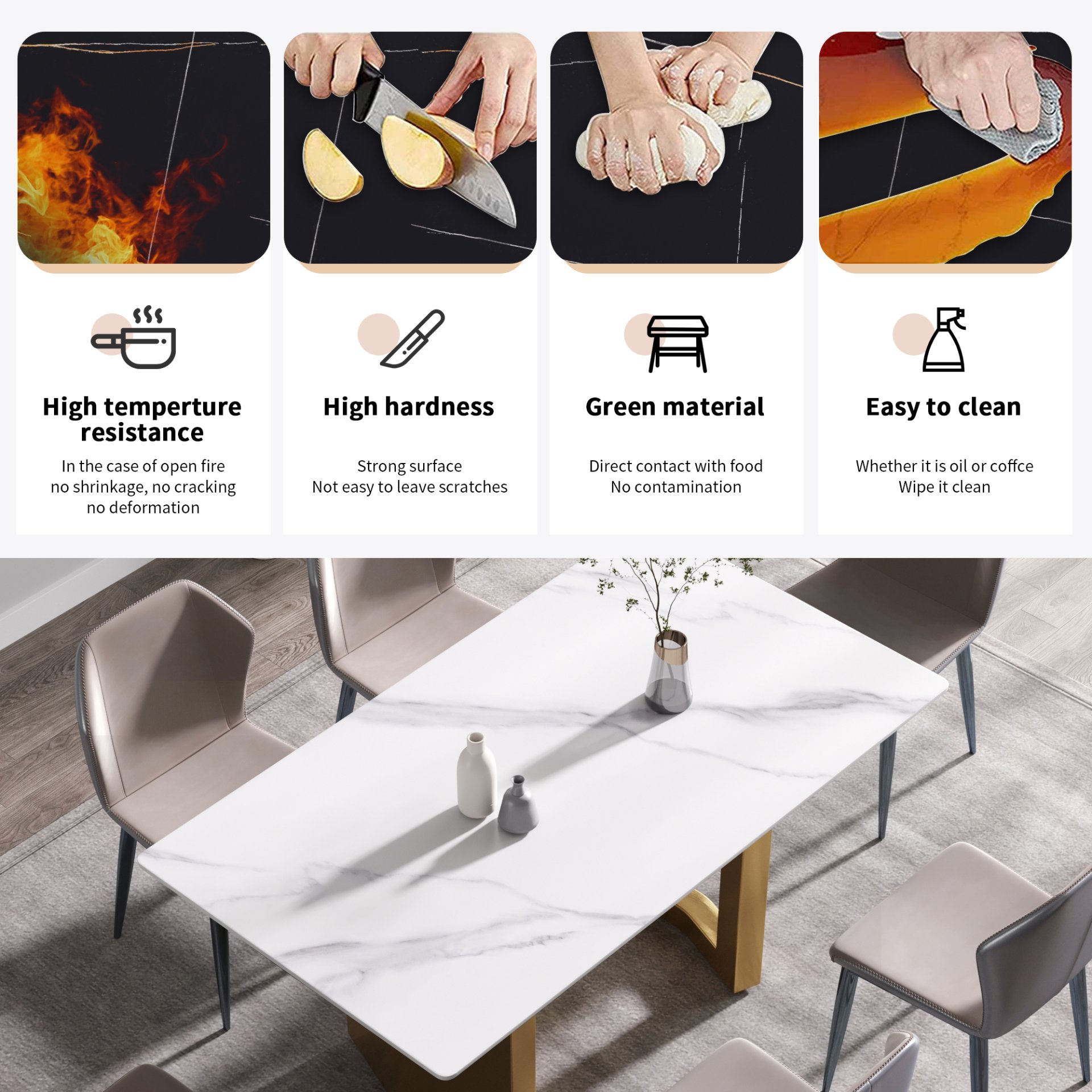 63" Modern Artificial Stone White Straight Edge Golden Metal Leg Dining Table - White / Gold - Image 9