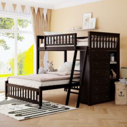 Twin Over Full Bunk Bed With 6 Drawers And Flexible Shelves, Bottom Bed With Wheels - Espresso