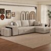 Modern L-Shape 3 Seat Reversible Sectional Couch, Pull Out Sleeper Sofa With Storage Chaise And 2 Stools For Living Room Furniture Set - Cream - Image 3