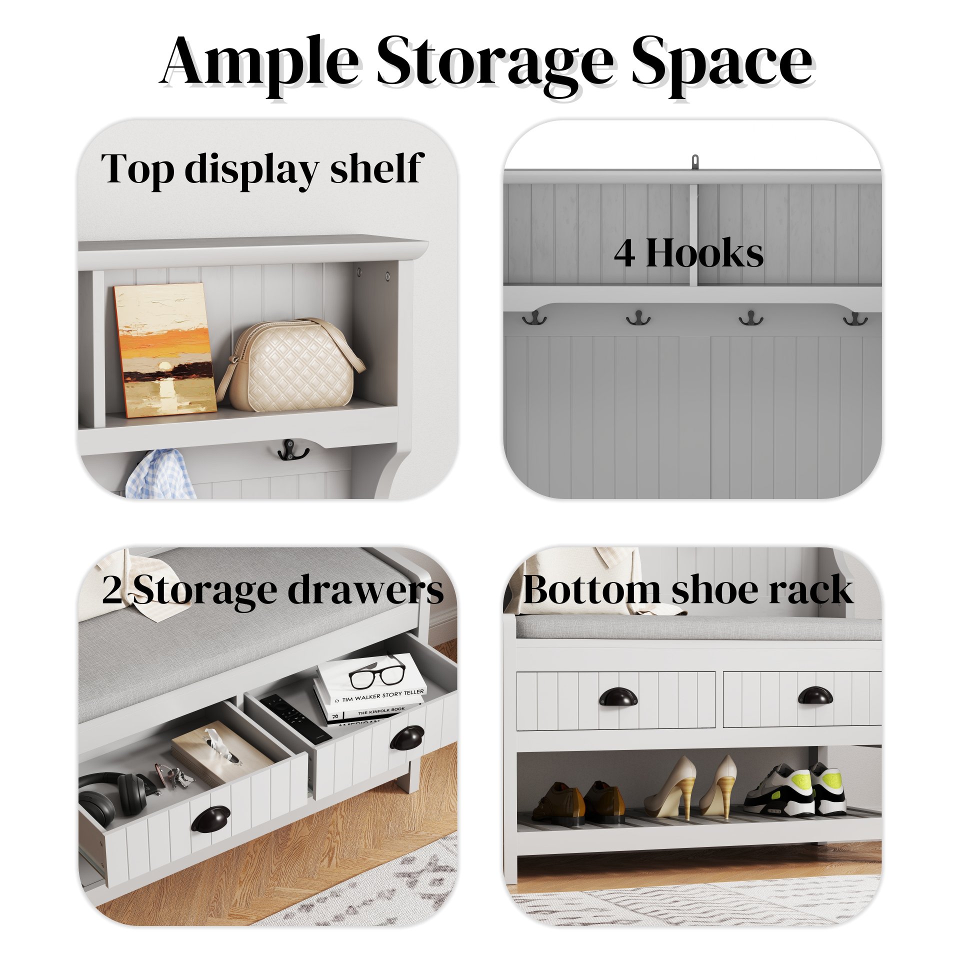 Modern 3 In 1 Hallway Hall Tree With Storage Drawers, Coat Rack, Shoe Rack Bench, And Cushion - Gray - Image 5