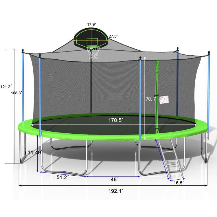 Trampoline For Adults & Kids With Basketball Hoop, Outdoor Trampolines With Ladder And Safety Enclosure Net For Kids And Adults - Green / Blue - Image 10