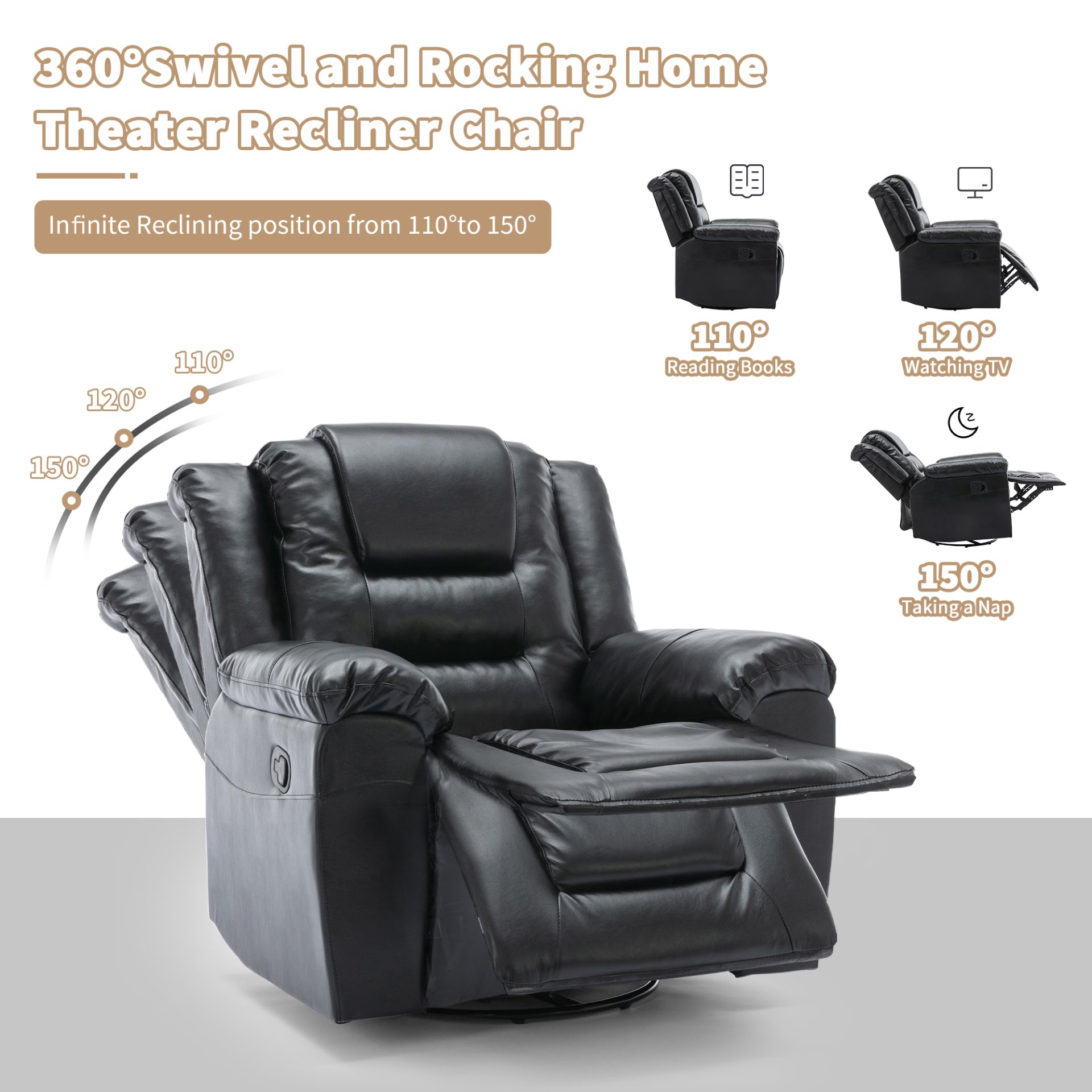 3 Seater Home Theater Recliner Manual Recliner Chair With Two Built-In Cup Holders For Living Room - Black - Image 3