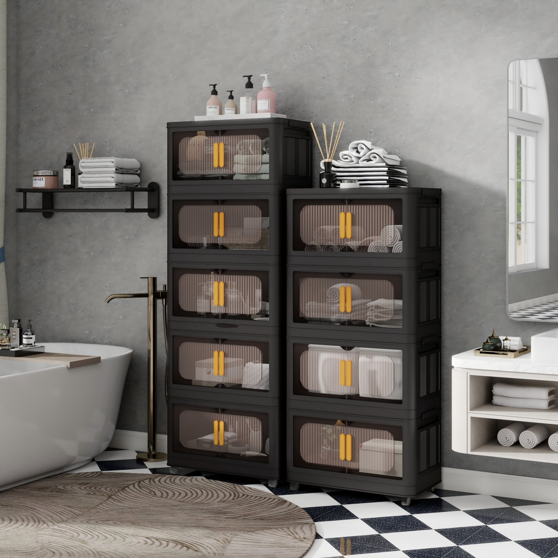 Folding Storage Cabinet 5 Tier Wide Plastic With Magnetic Doors And Wheels - Black - Image 7