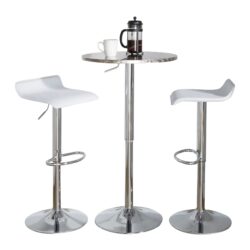 Ale - 3 Piece Bar Set Bistro Round Contemporary Adjustable Oval Footrest - Silver / Chrome / White