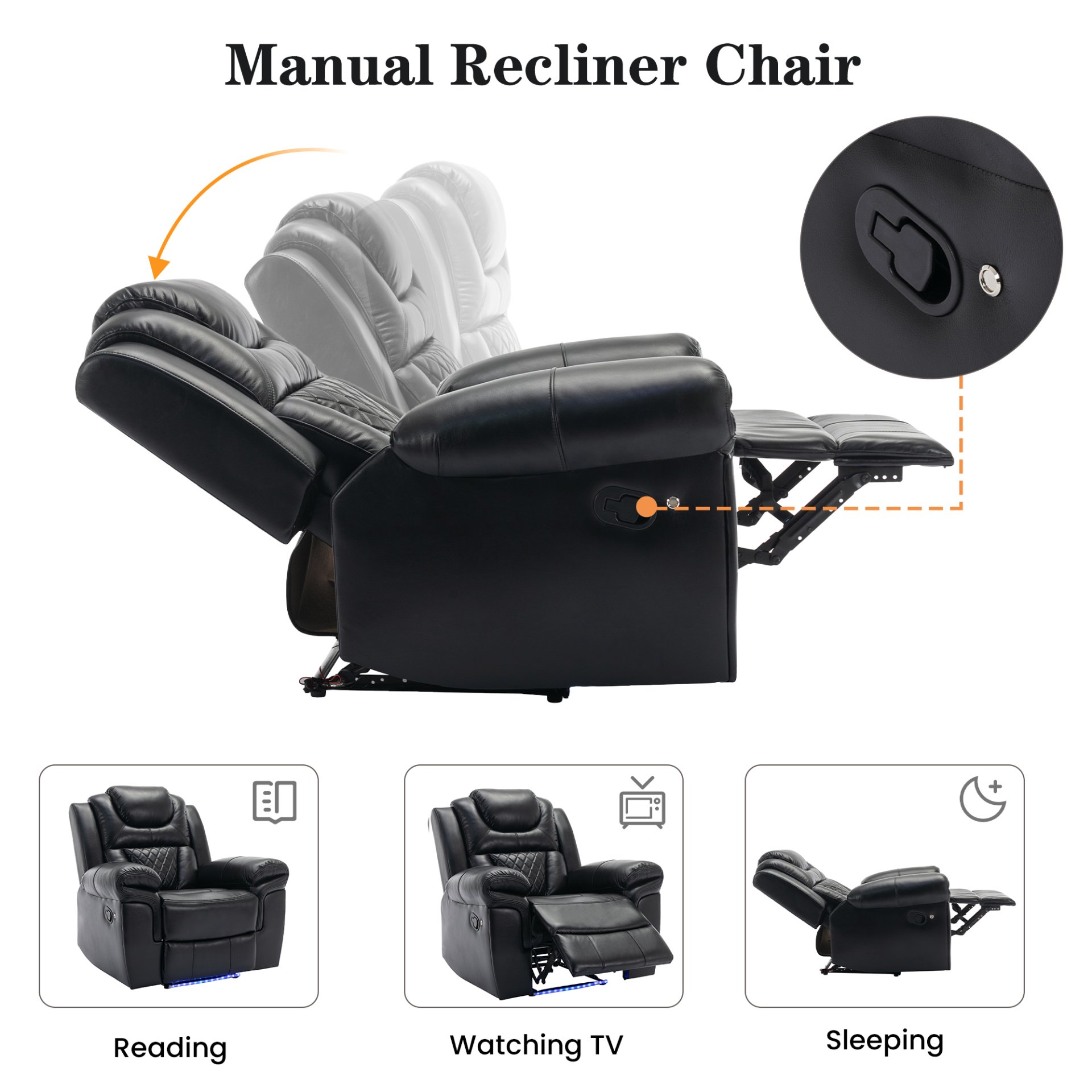3 Pieces Recliner Sofa Sets Home Theater Seating Manual Recliner Chair With Center Console And Led Light Strip For Living Room - Black - Image 6
