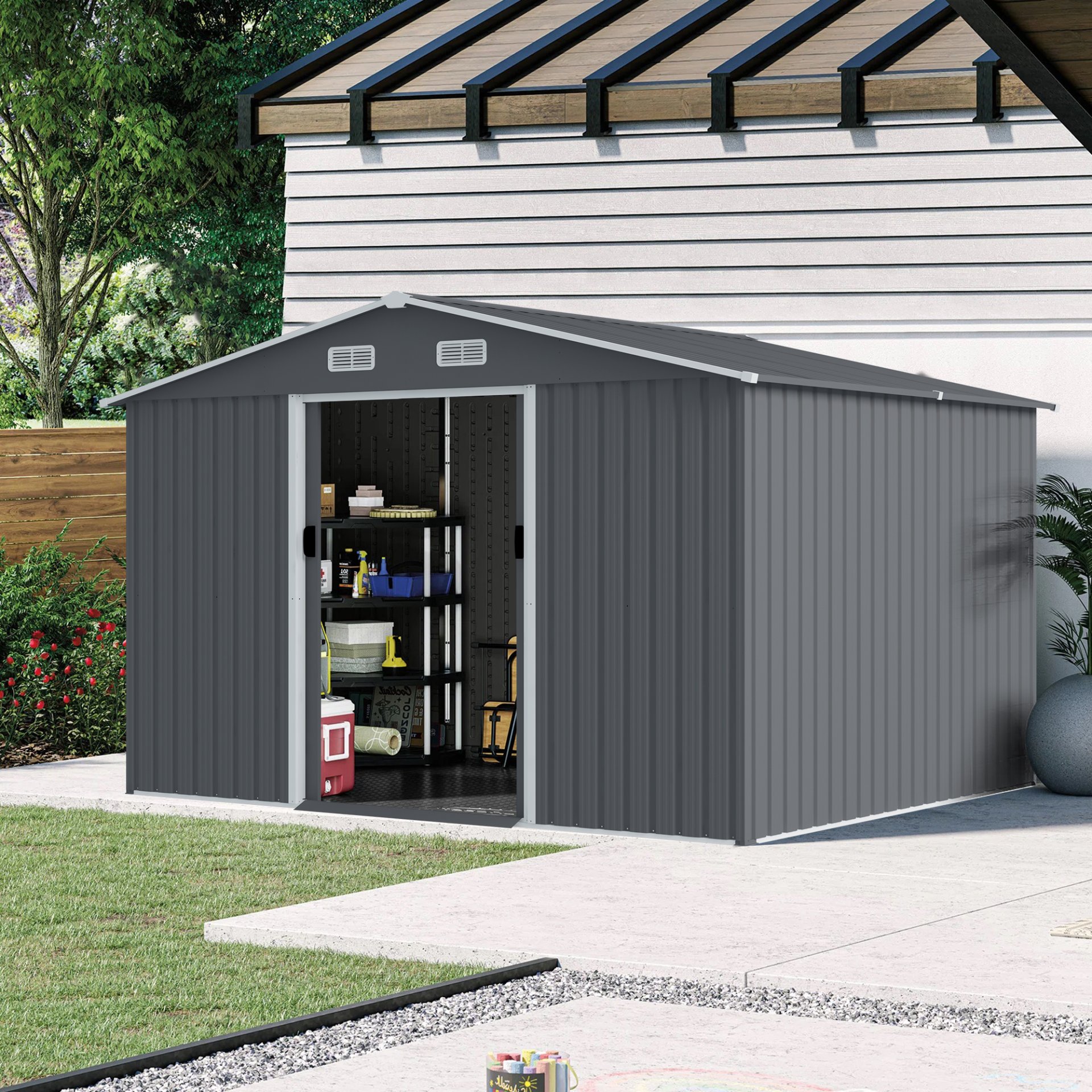 Large Metal Outdoor Storage Shed 8 0 Ft With Sliding Doors And Air Vent Steel Construction - Gray - Image 2