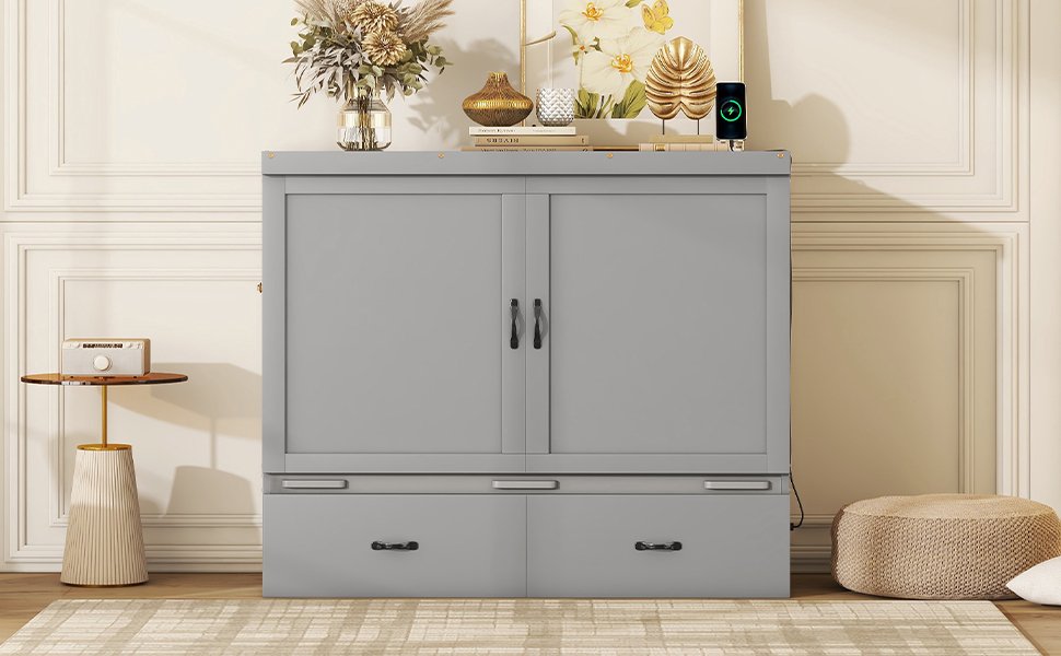 Full Size Murphy Bed With USB Port And A Large Drawer - Gray - Image 16