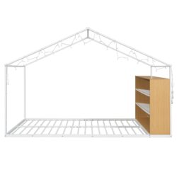 Full Size Bed House Frame With Shelves And Lights - White